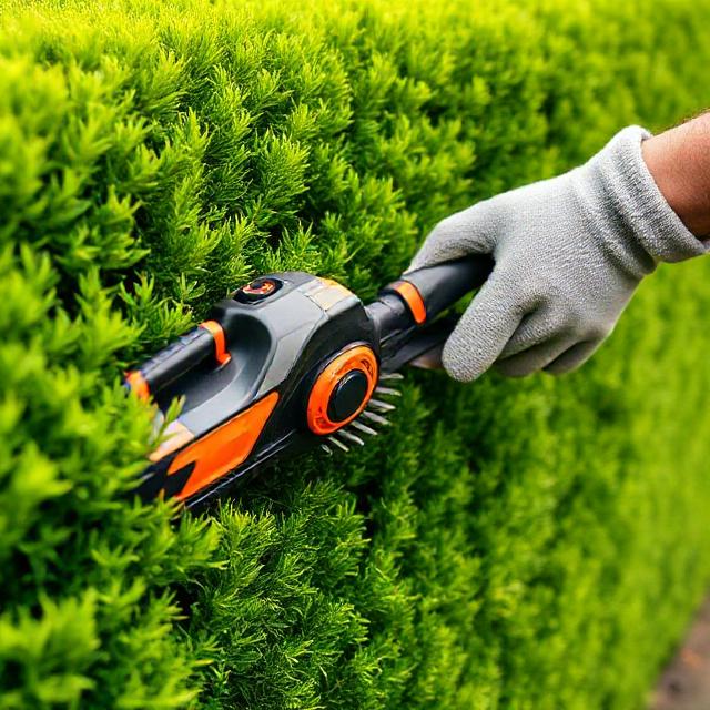 Close-up hedge trimming, perfect straight hedge, professional trimmer, high resolution